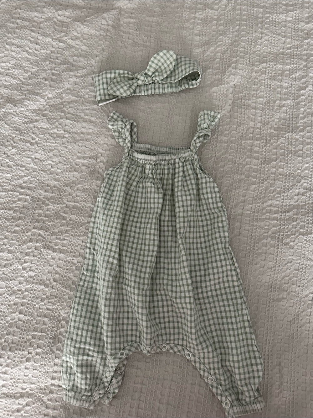Mud Pie Green Gingham Jumpsuit + Headband Set (3–6 Months)